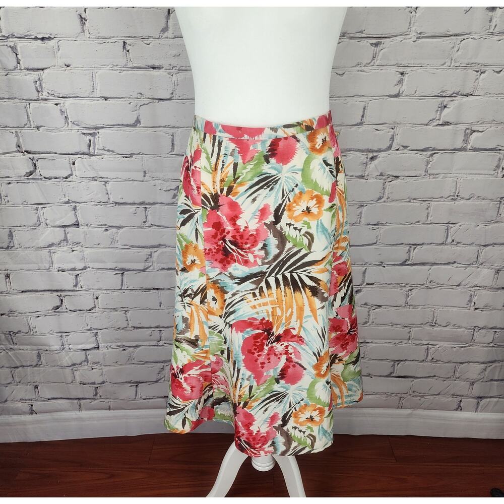 TALBOTS Women's Silk Linen A-Line Skirt Midi Elastic Waist Floral Size 24W Plus
